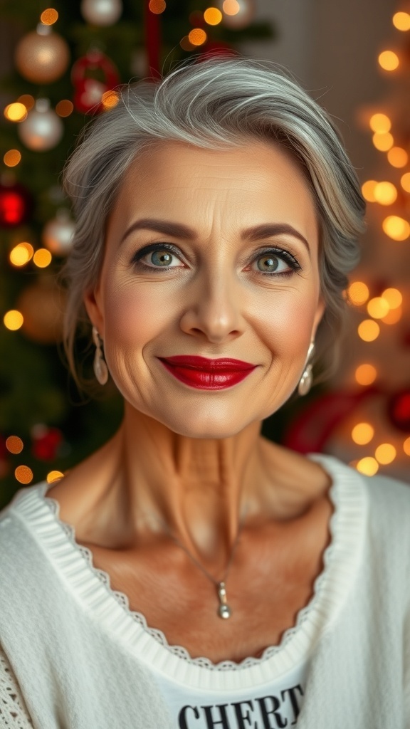 Elegant Christmas makeup on a woman over 40 with festive decorations in the background.